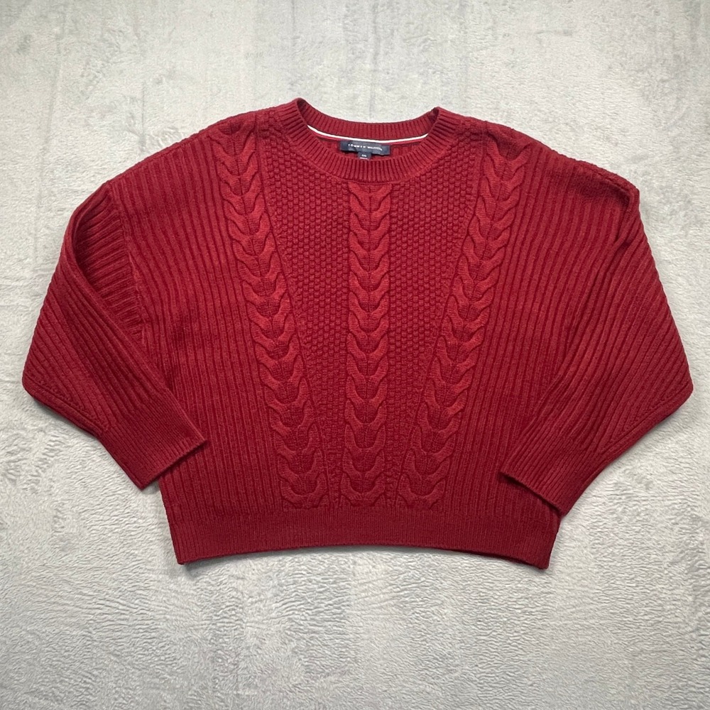 Tommy Hilfiger Cable Knit Sweater Mens‎ Large Red Crewneck Mixed Ribbed Pullover